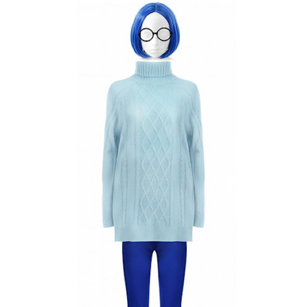 Inside Out Sadness Costume Cosplay Women’s Size M Blue Wig Glasses Sweater Tight